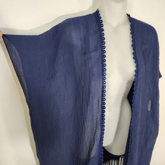 Steve Madden Cover Up Sheer Lace Inset Blue Kimono One Size Fringe Beach Swim - Picture 6 of 12